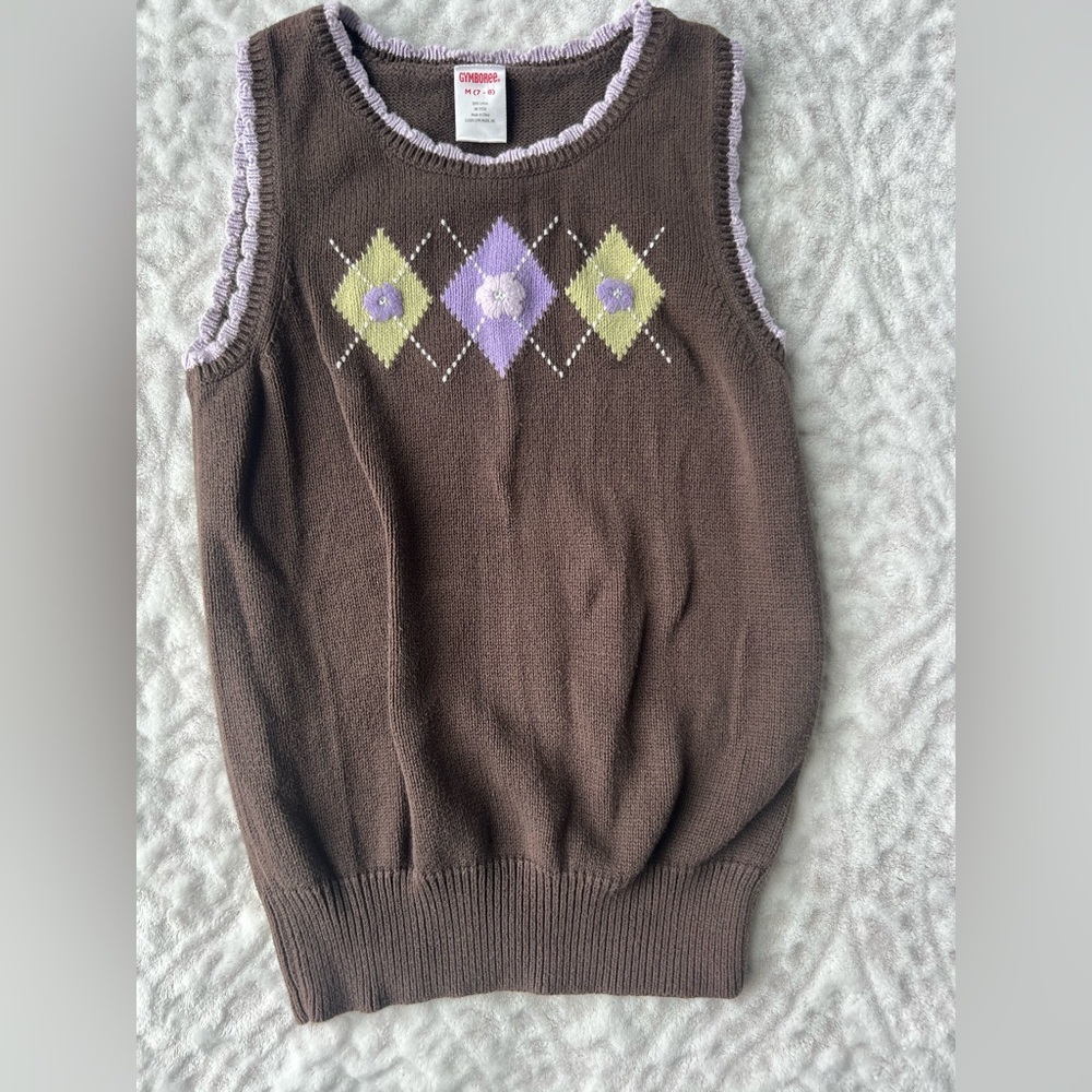 Girls Gymboree Brown Argyle Pattern Sleeveless Sweater | Size 7-8